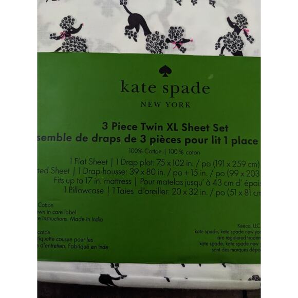Kate Spade New York 3 Piece Twin XL Sheet Set Poodle BLACK Dog New *READ NOPAPER - Picture 4 of 4